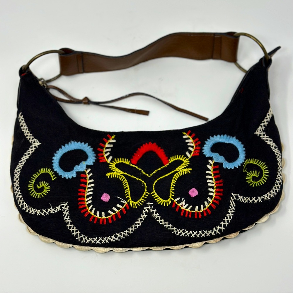 Vintage Black Embroidered Purse Bean Shape Faux Leather Shoulder Strap Fabric